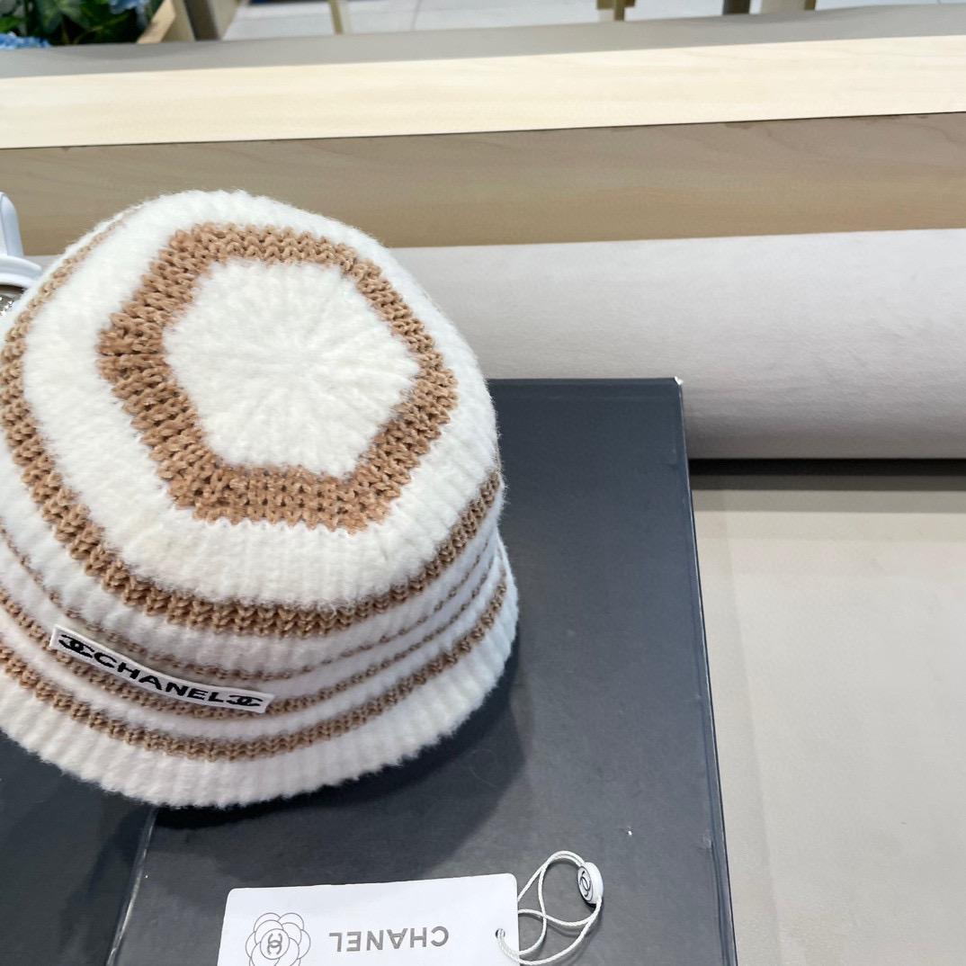 Chanel新款ins韩风针织条纹渔夫帽女秋冬气质简约百搭显脸小毛线水桶帽