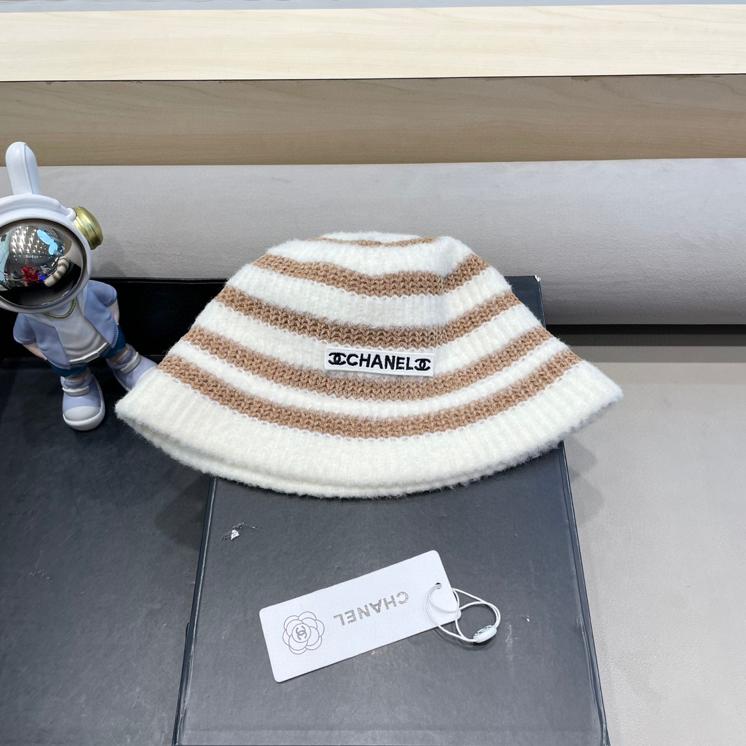 Chanel新款ins韩风针织条纹渔夫帽女秋冬气质简约百搭显脸小毛线水桶帽