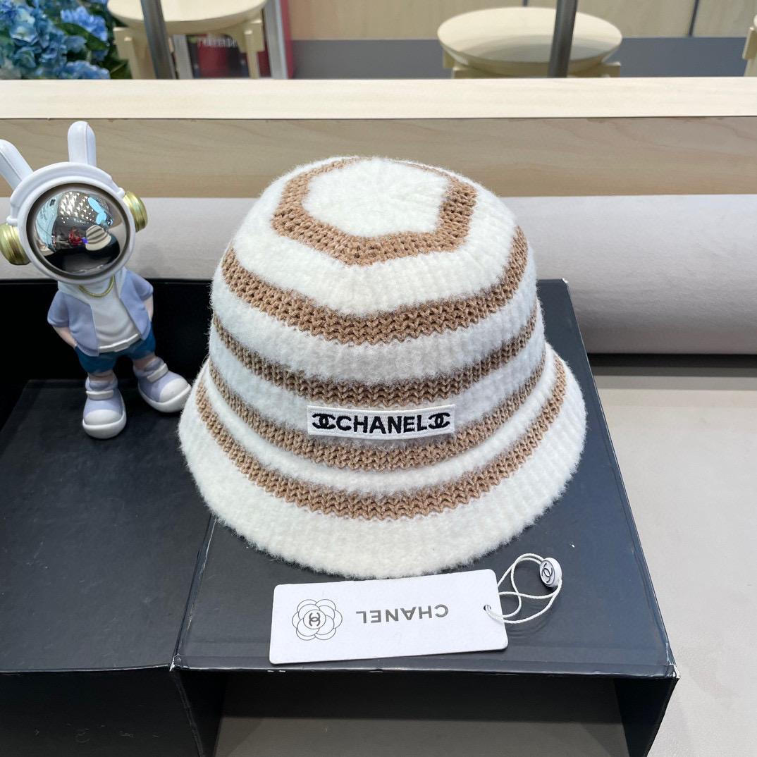 Chanel新款ins韩风针织条纹渔夫帽女秋冬气质简约百搭显脸小毛线水桶帽