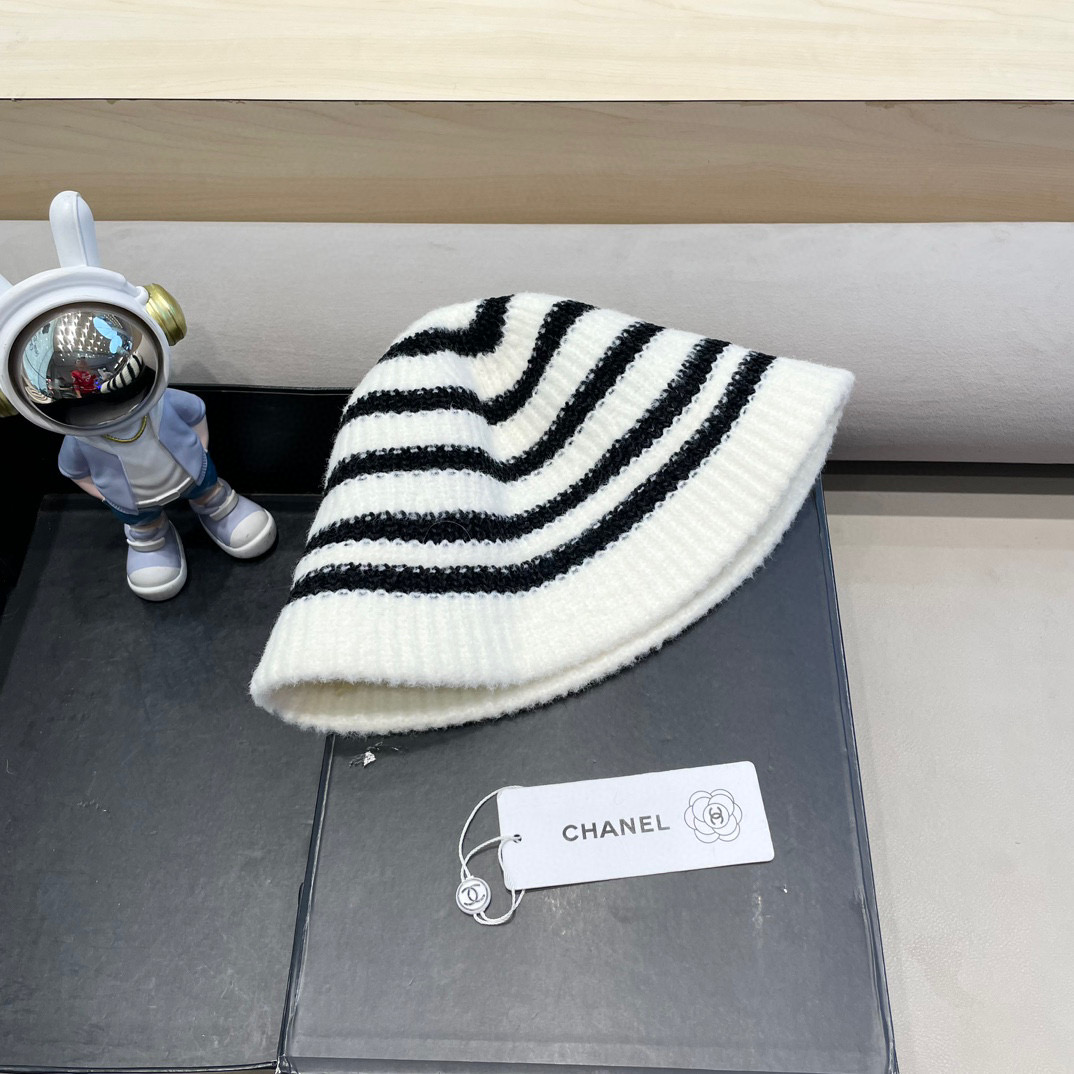 Chanel新款ins韩风针织条纹渔夫帽女秋冬气质简约百搭显脸小毛线水桶帽