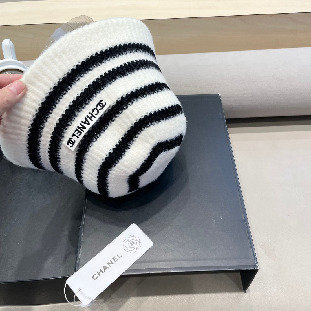 Chanel新款ins韩风针织条纹渔夫帽女秋冬气质简约百搭显脸小毛线水桶帽
