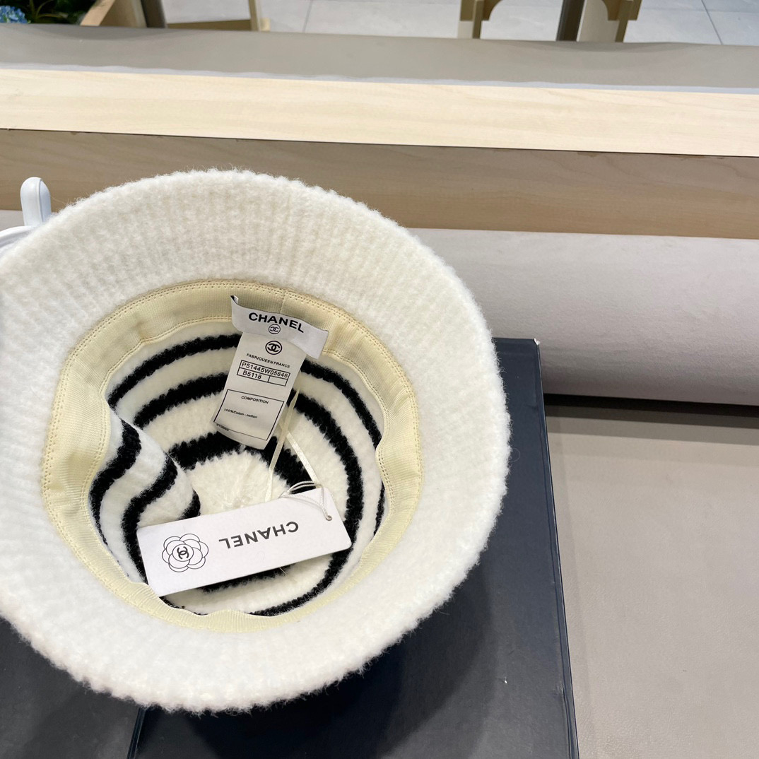 Chanel新款ins韩风针织条纹渔夫帽女秋冬气质简约百搭显脸小毛线水桶帽