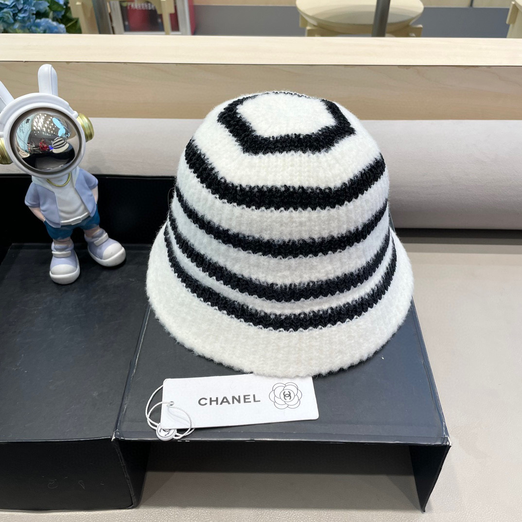 Chanel新款ins韩风针织条纹渔夫帽女秋冬气质简约百搭显脸小毛线水桶帽