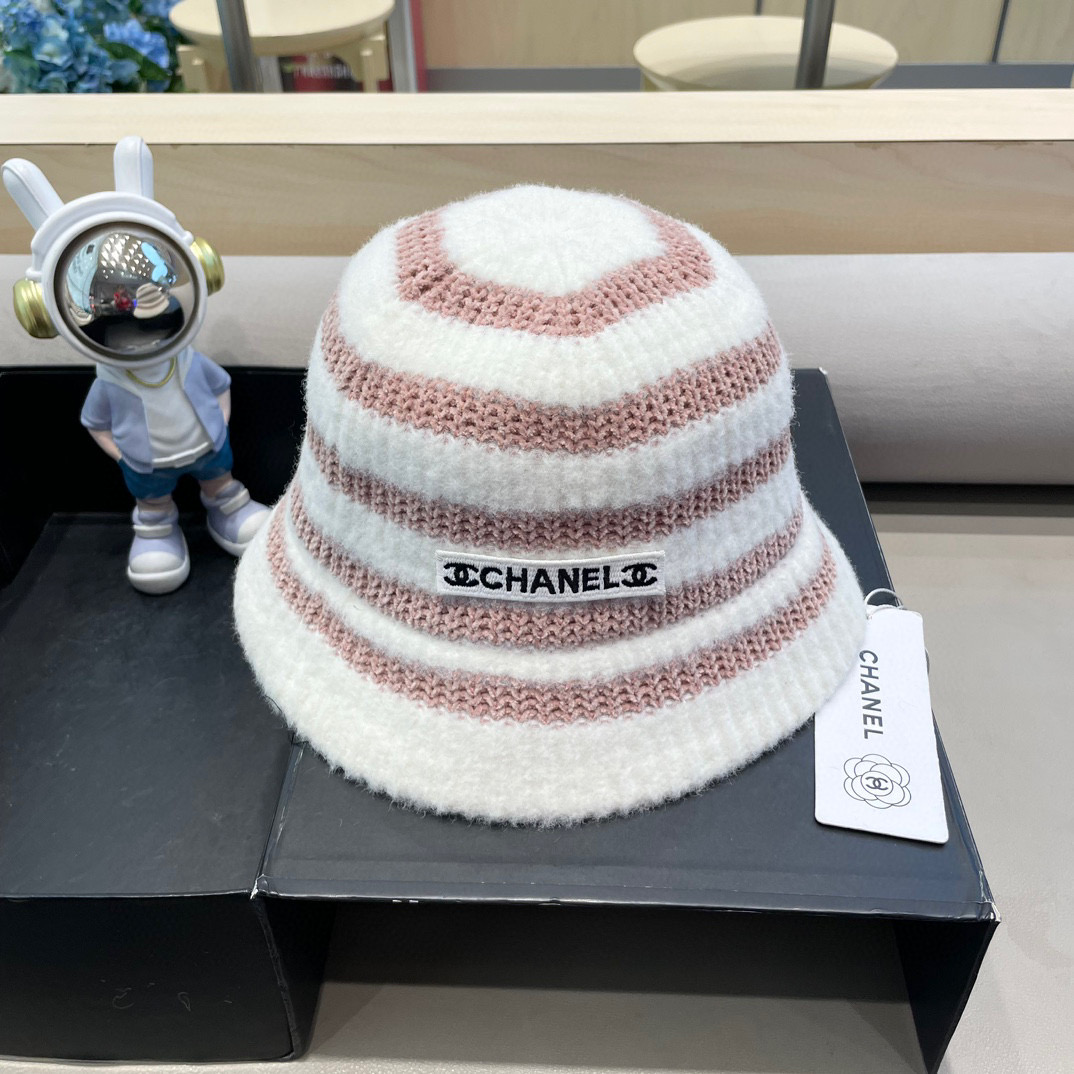 Chanel新款ins韩风针织条纹渔夫帽女秋冬气质简约百搭显脸小毛线水桶帽