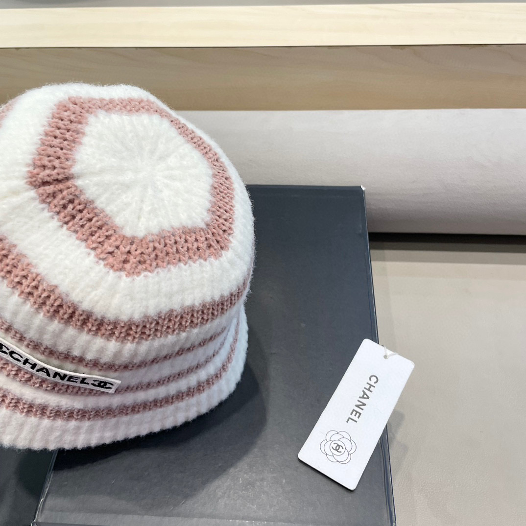Chanel新款ins韩风针织条纹渔夫帽女秋冬气质简约百搭显脸小毛线水桶帽