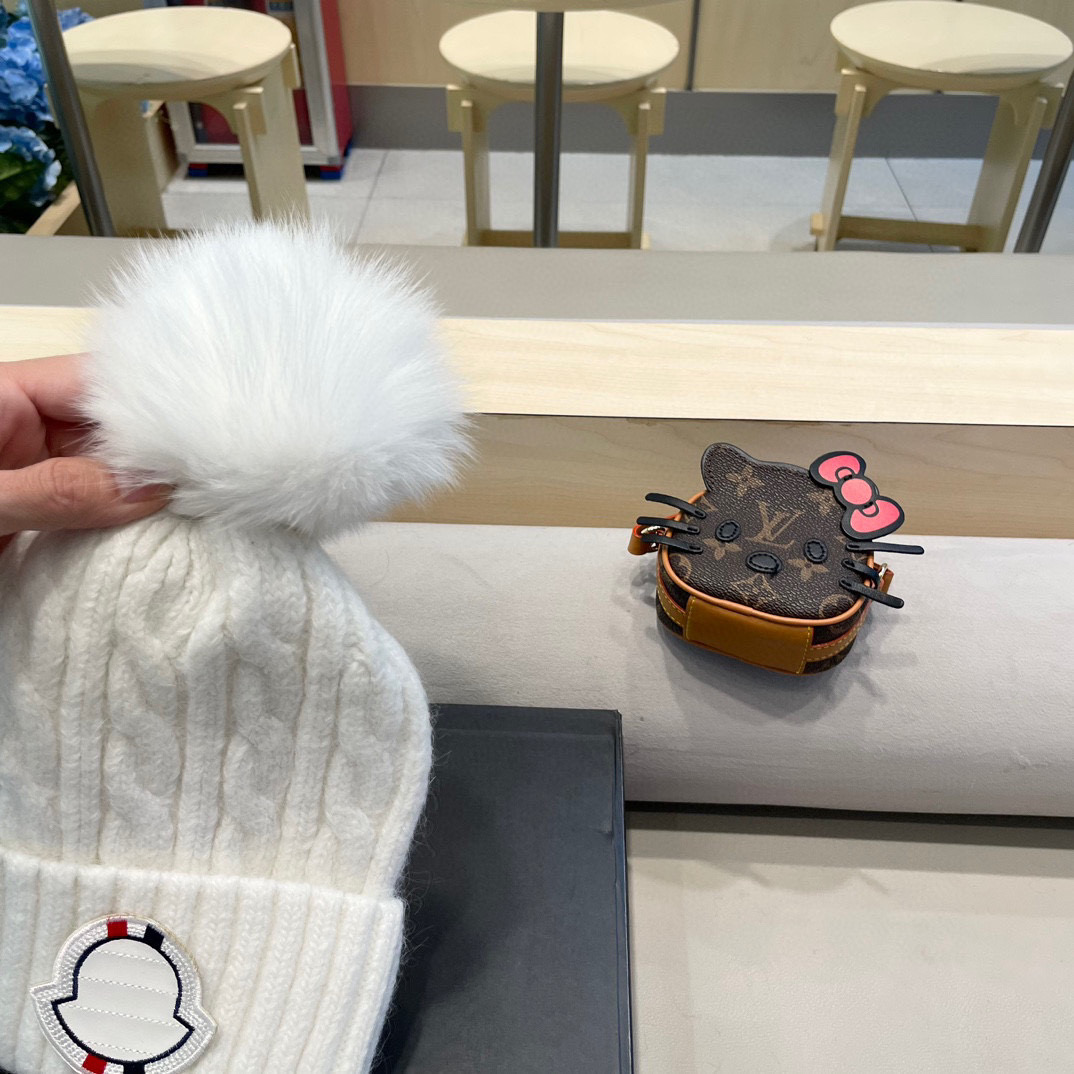moncler帽子女韩版秋冬狐狸毛球毛线帽潮百搭套头帽麻花纹羊毛混纺针织帽