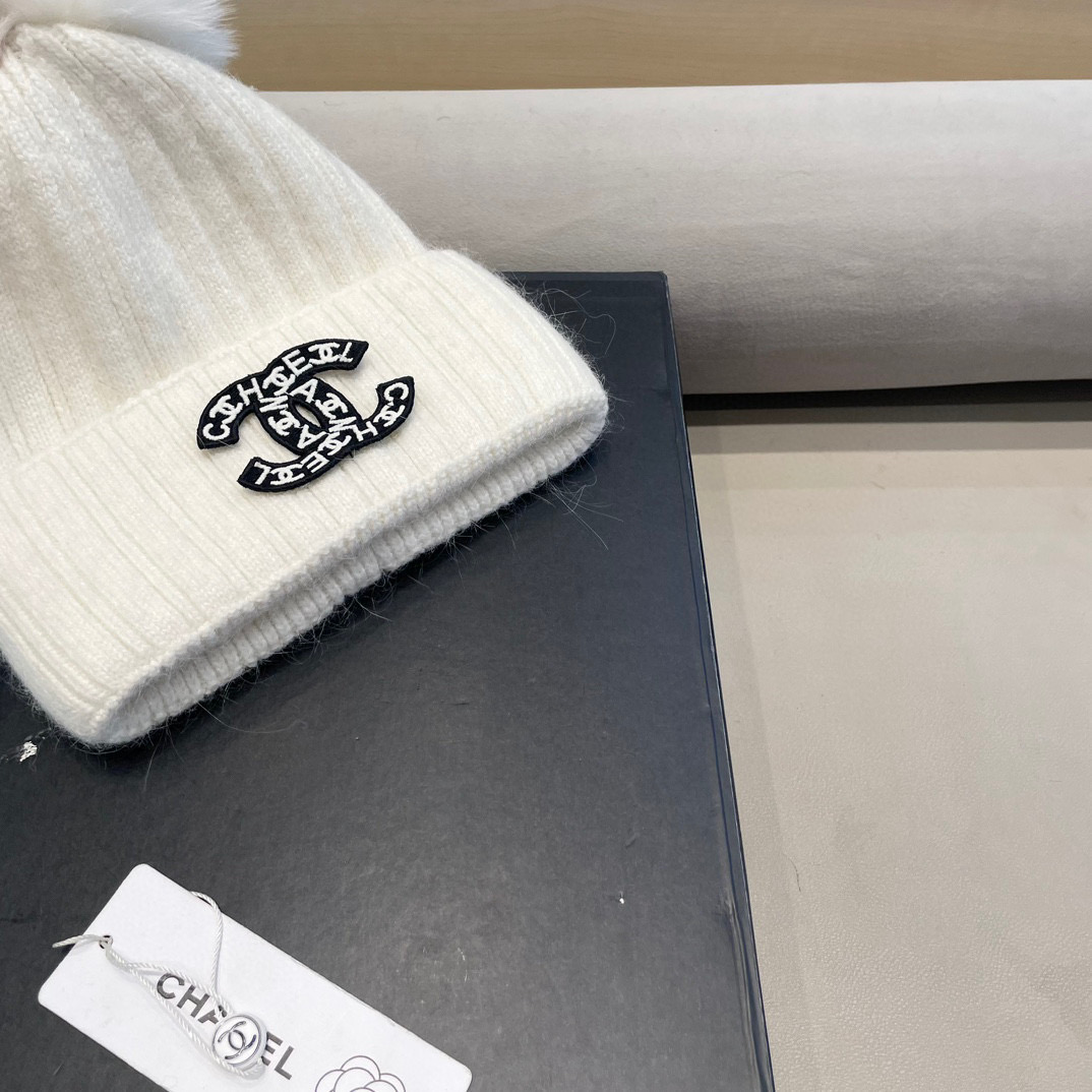 Chanel帽子女冬天狐狸毛球毛线帽韩版百搭加绒加厚保暖护耳针织帽亲子帽