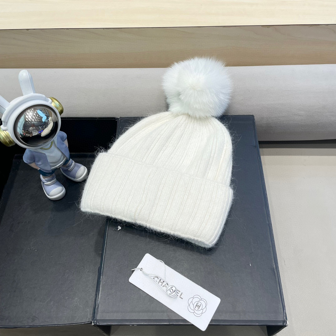 Chanel帽子女冬天狐狸毛球毛线帽韩版百搭加绒加厚保暖护耳针织帽亲子帽