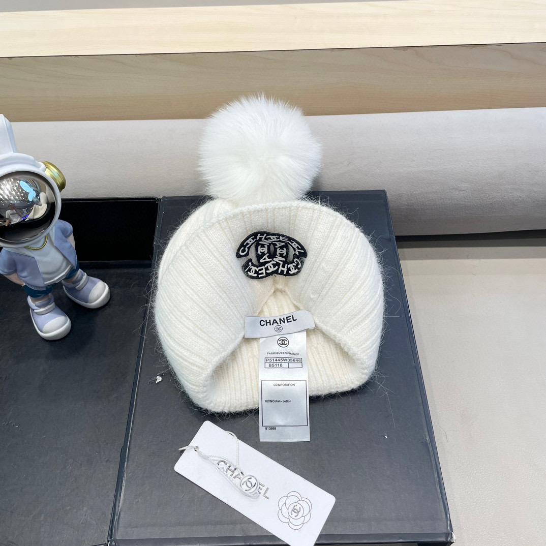 Chanel帽子女冬天狐狸毛球毛线帽韩版百搭加绒加厚保暖护耳针织帽亲子帽