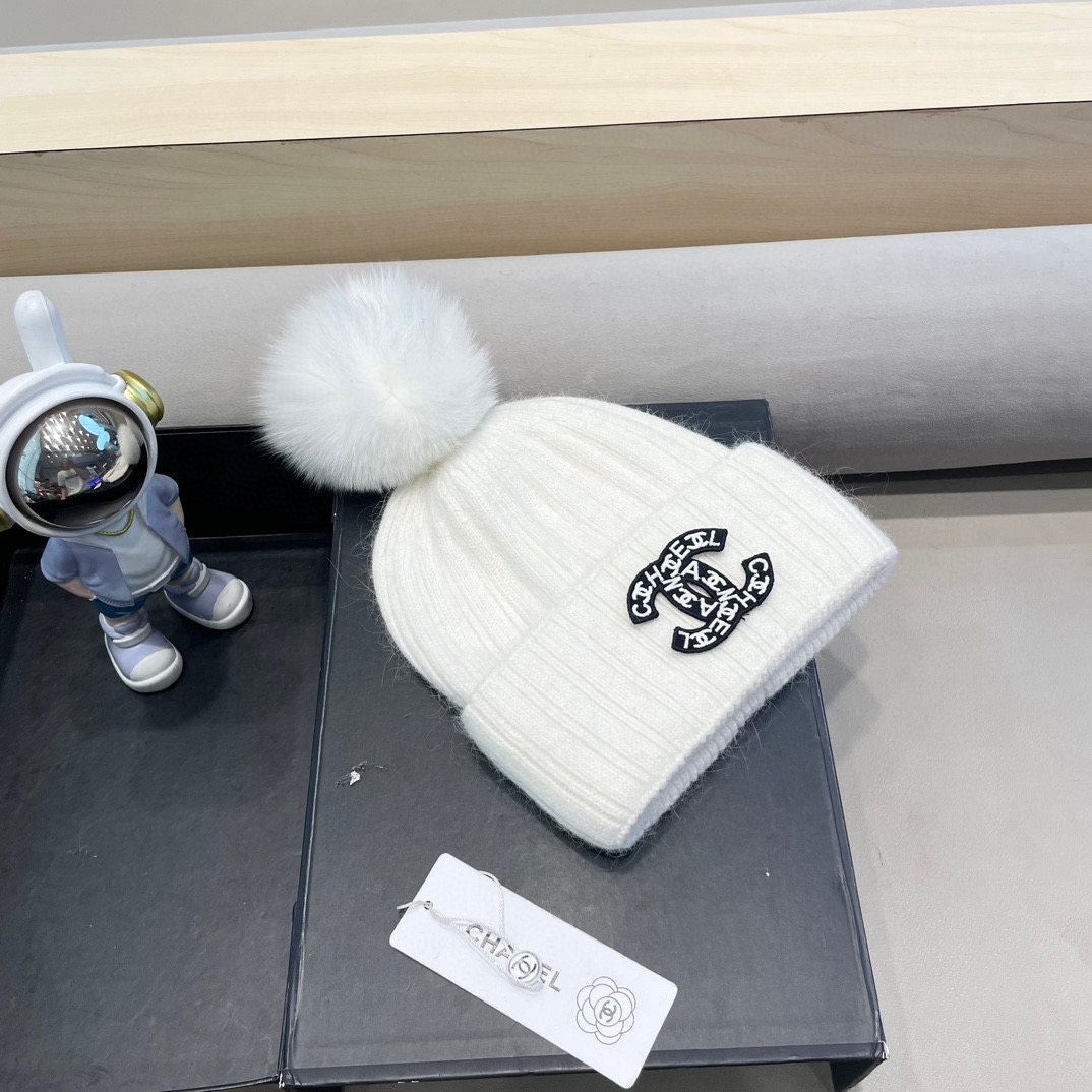 Chanel帽子女冬天狐狸毛球毛线帽韩版百搭加绒加厚保暖护耳针织帽亲子帽