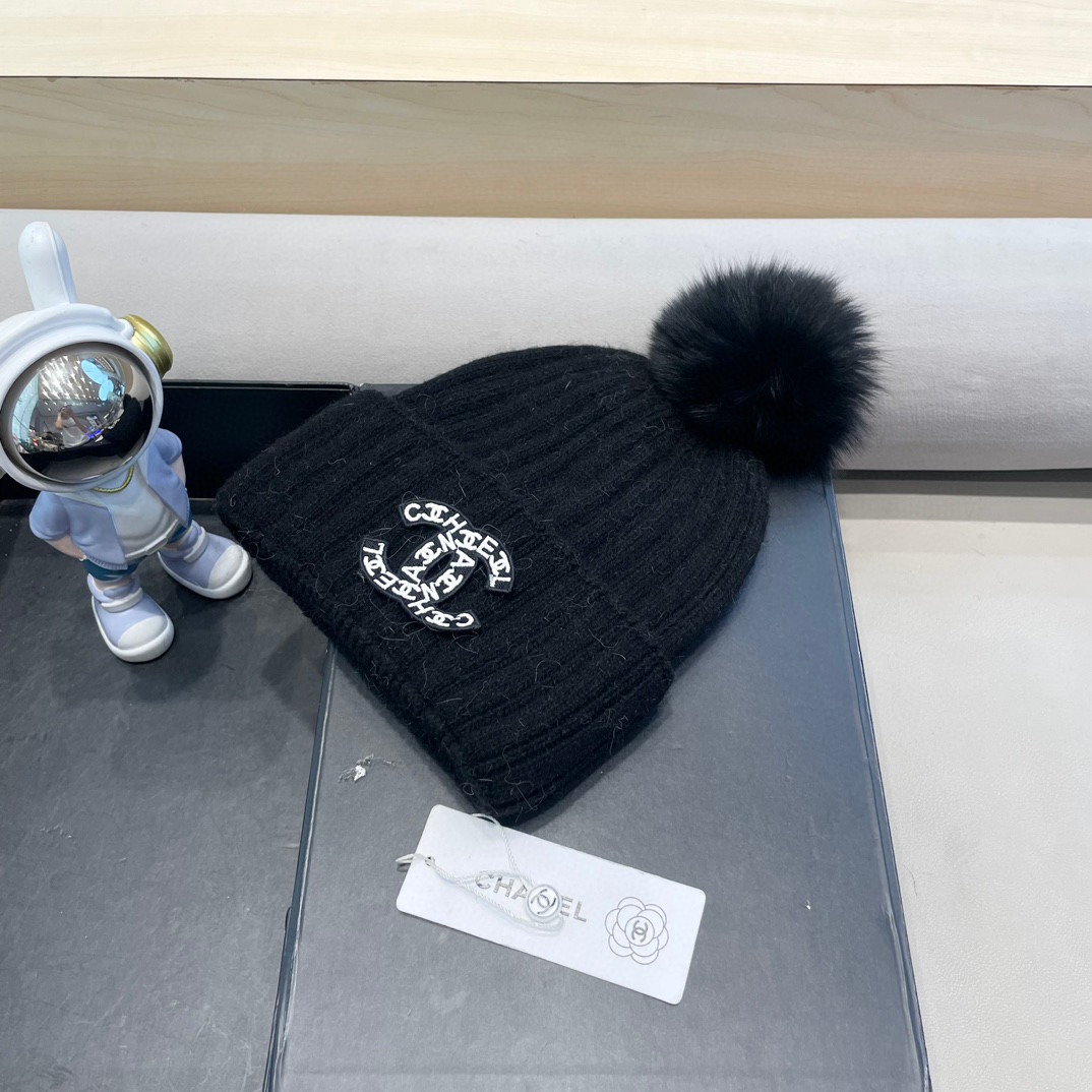 Chanel帽子女冬天狐狸毛球毛线帽韩版百搭加绒加厚保暖护耳针织帽亲子帽