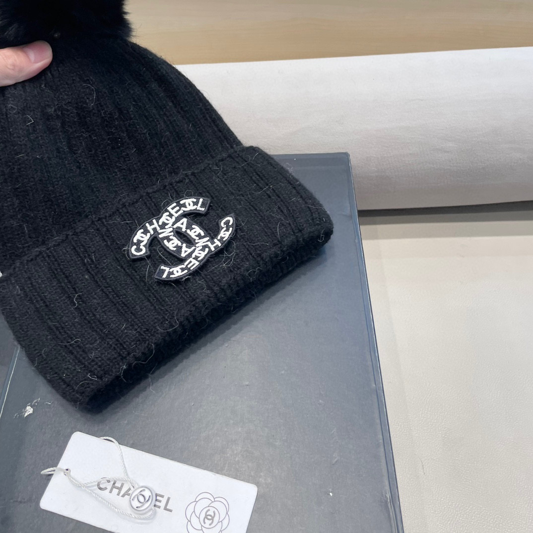 Chanel帽子女冬天狐狸毛球毛线帽韩版百搭加绒加厚保暖护耳针织帽亲子帽