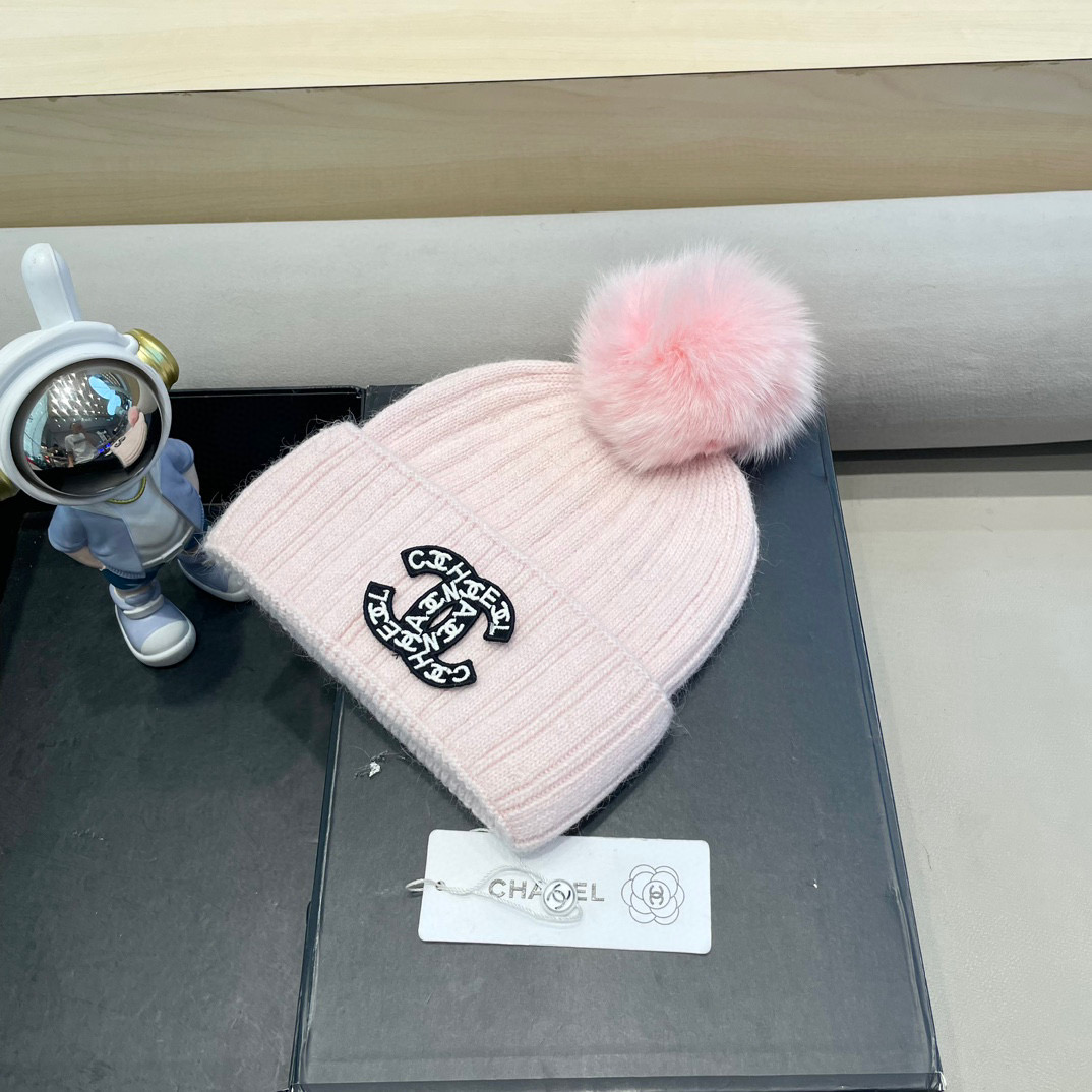 Chanel帽子女冬天狐狸毛球毛线帽韩版百搭加绒加厚保暖护耳针织帽亲子帽