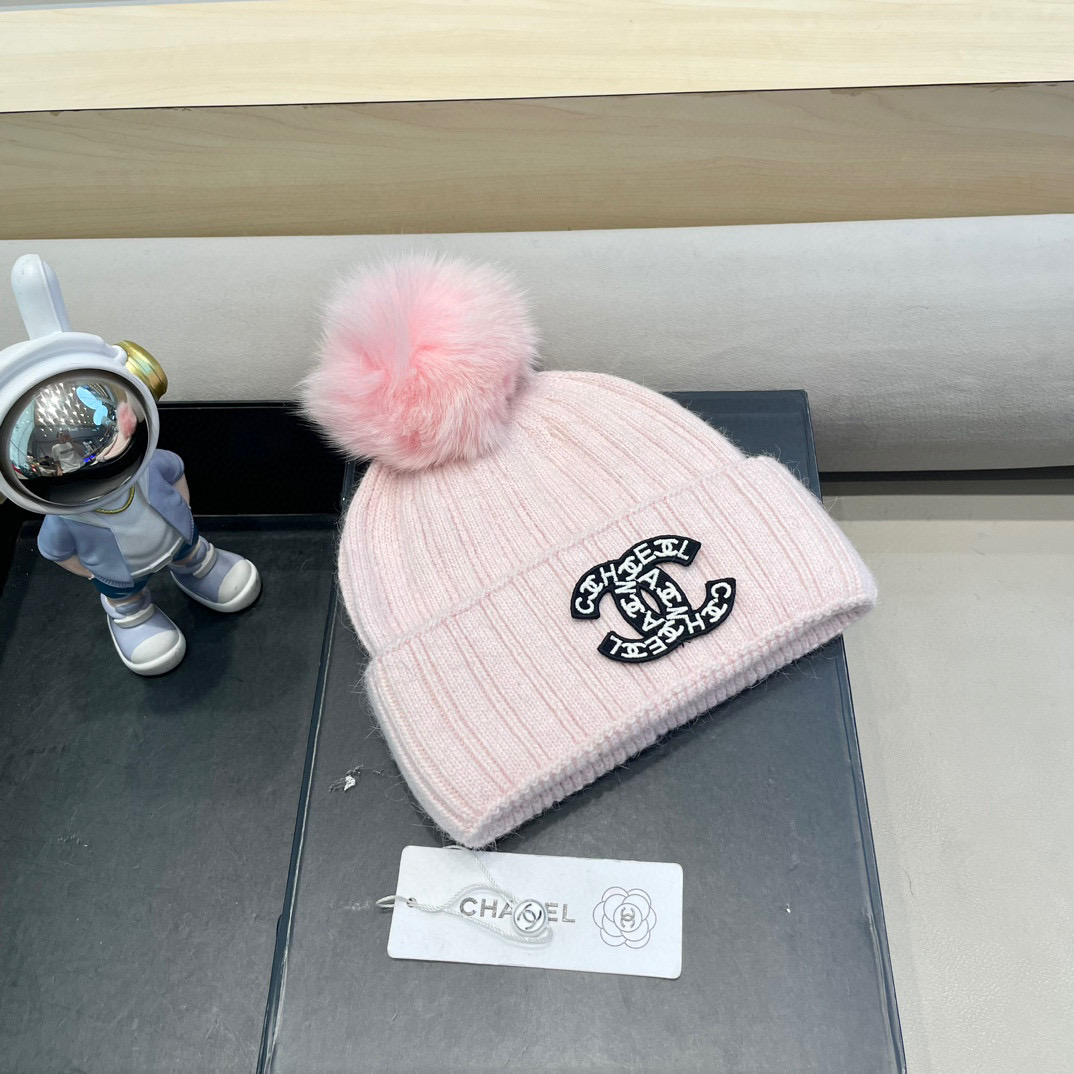 Chanel帽子女冬天狐狸毛球毛线帽韩版百搭加绒加厚保暖护耳针织帽亲子帽