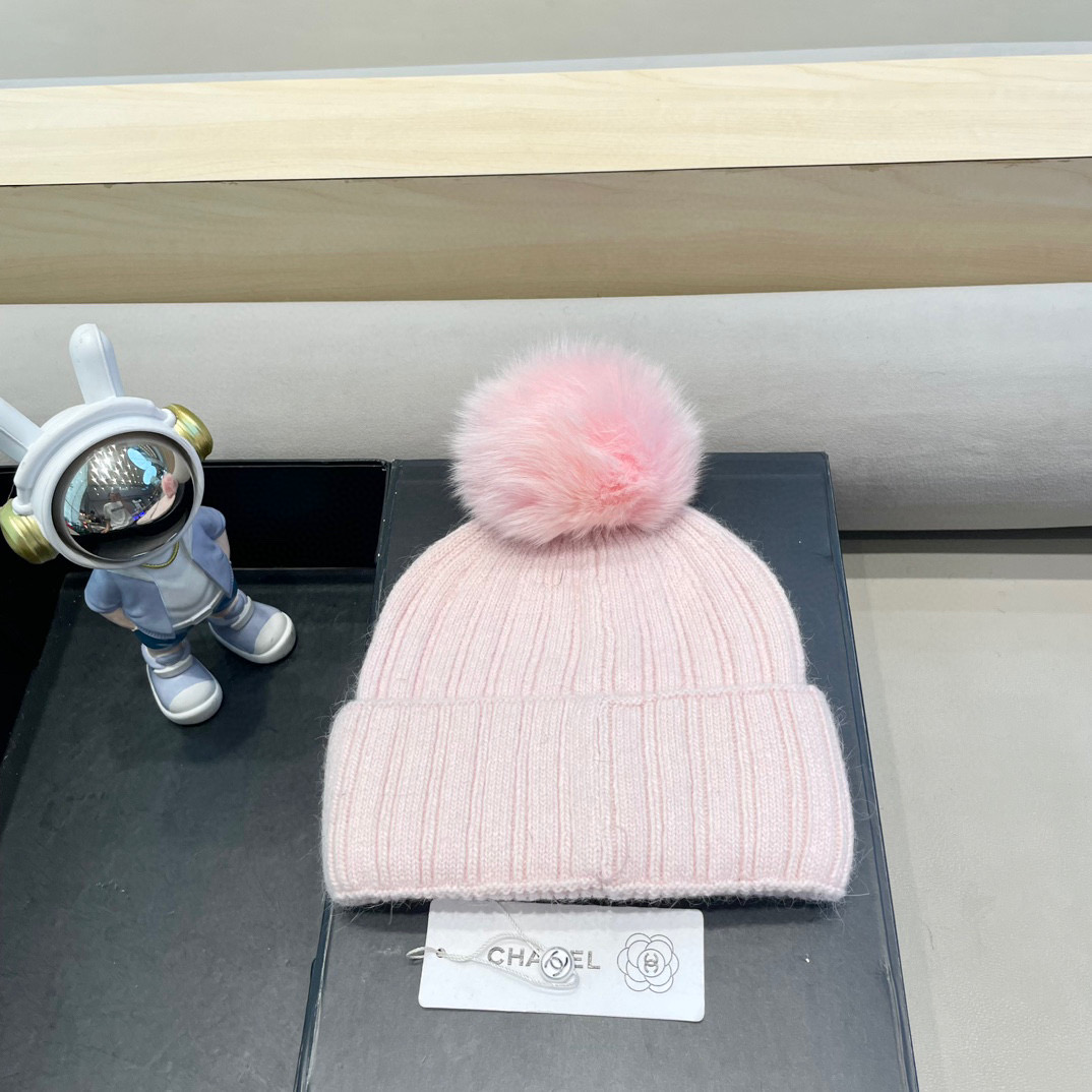 Chanel帽子女冬天狐狸毛球毛线帽韩版百搭加绒加厚保暖护耳针织帽亲子帽