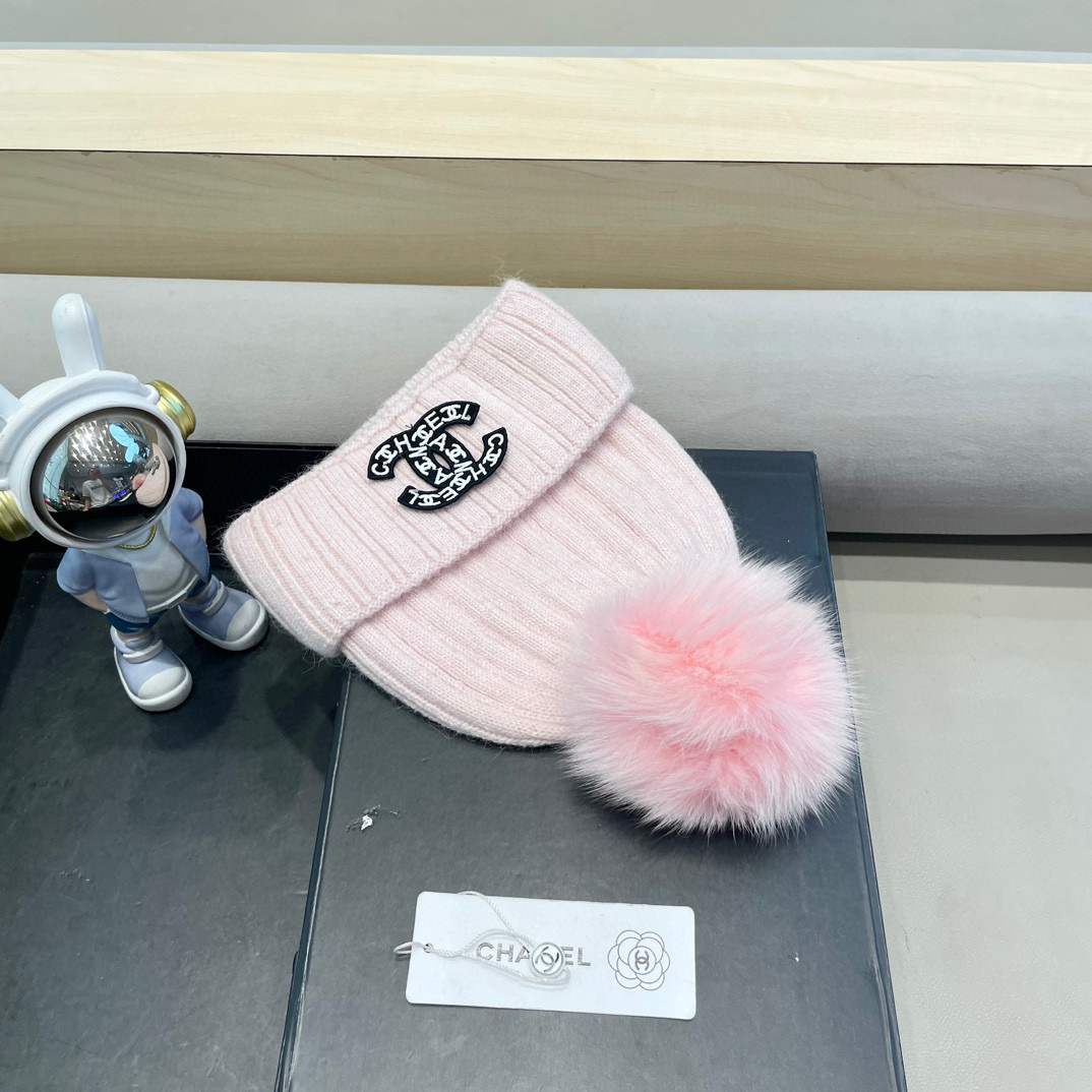 Chanel帽子女冬天狐狸毛球毛线帽韩版百搭加绒加厚保暖护耳针织帽亲子帽