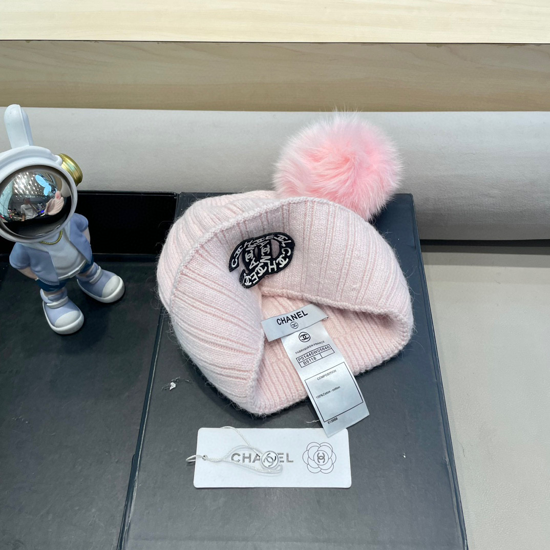 Chanel帽子女冬天狐狸毛球毛线帽韩版百搭加绒加厚保暖护耳针织帽亲子帽
