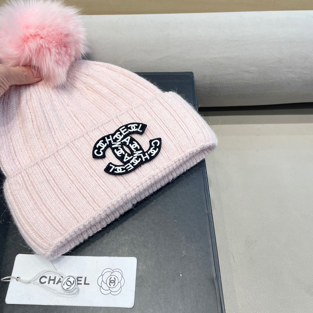 Chanel帽子女冬天狐狸毛球毛线帽韩版百搭加绒加厚保暖护耳针织帽亲子帽
