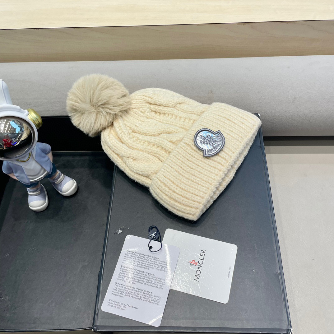 moncler毛线帽子女冬款加厚加绒护耳帽双层毛球针织帽新款