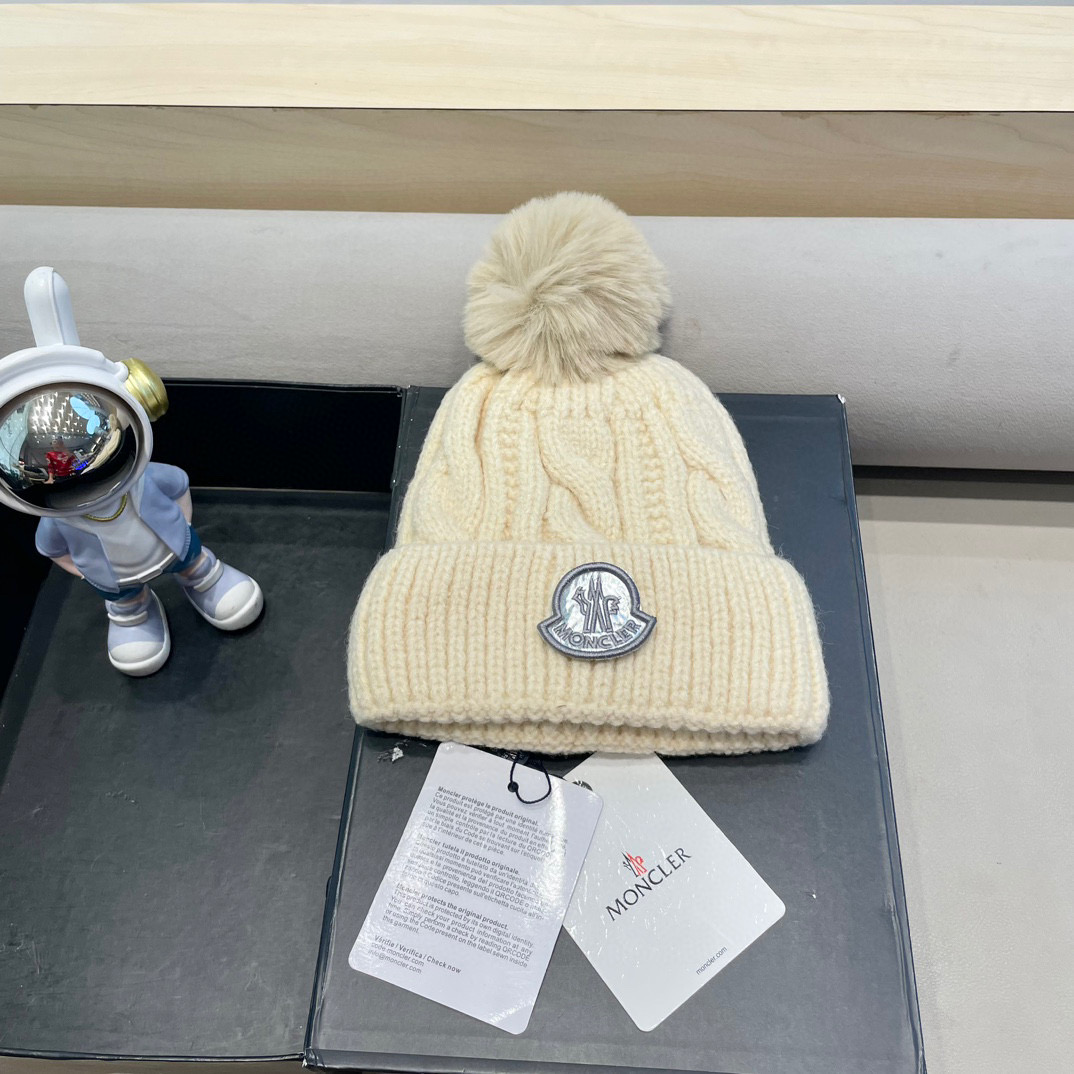 moncler毛线帽子女冬款加厚加绒护耳帽双层毛球针织帽新款