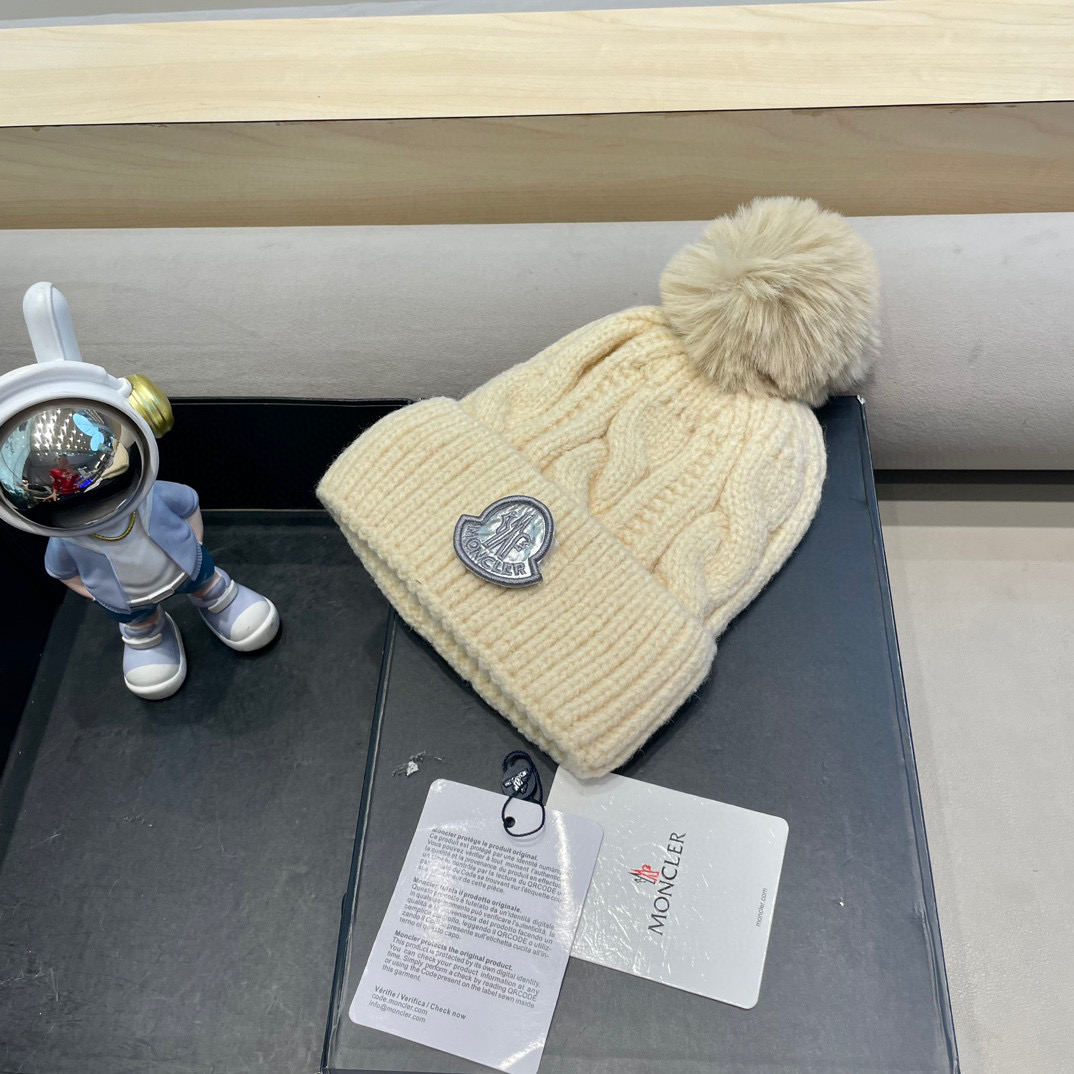 moncler毛线帽子女冬款加厚加绒护耳帽双层毛球针织帽新款