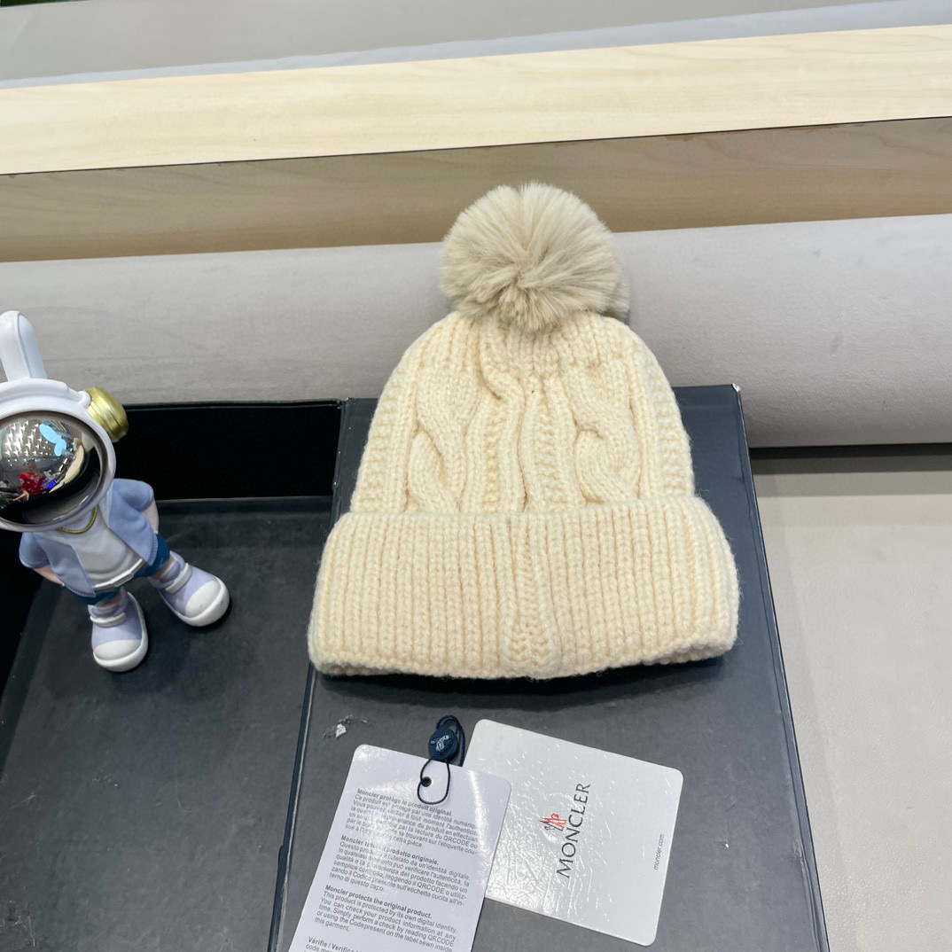 moncler毛线帽子女冬款加厚加绒护耳帽双层毛球针织帽新款