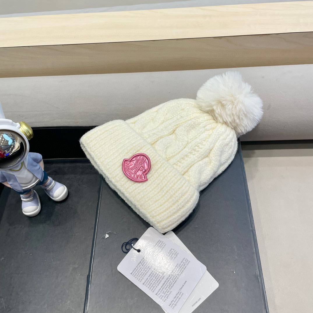 moncler毛线帽子女冬款加厚加绒护耳帽双层毛球针织帽新款