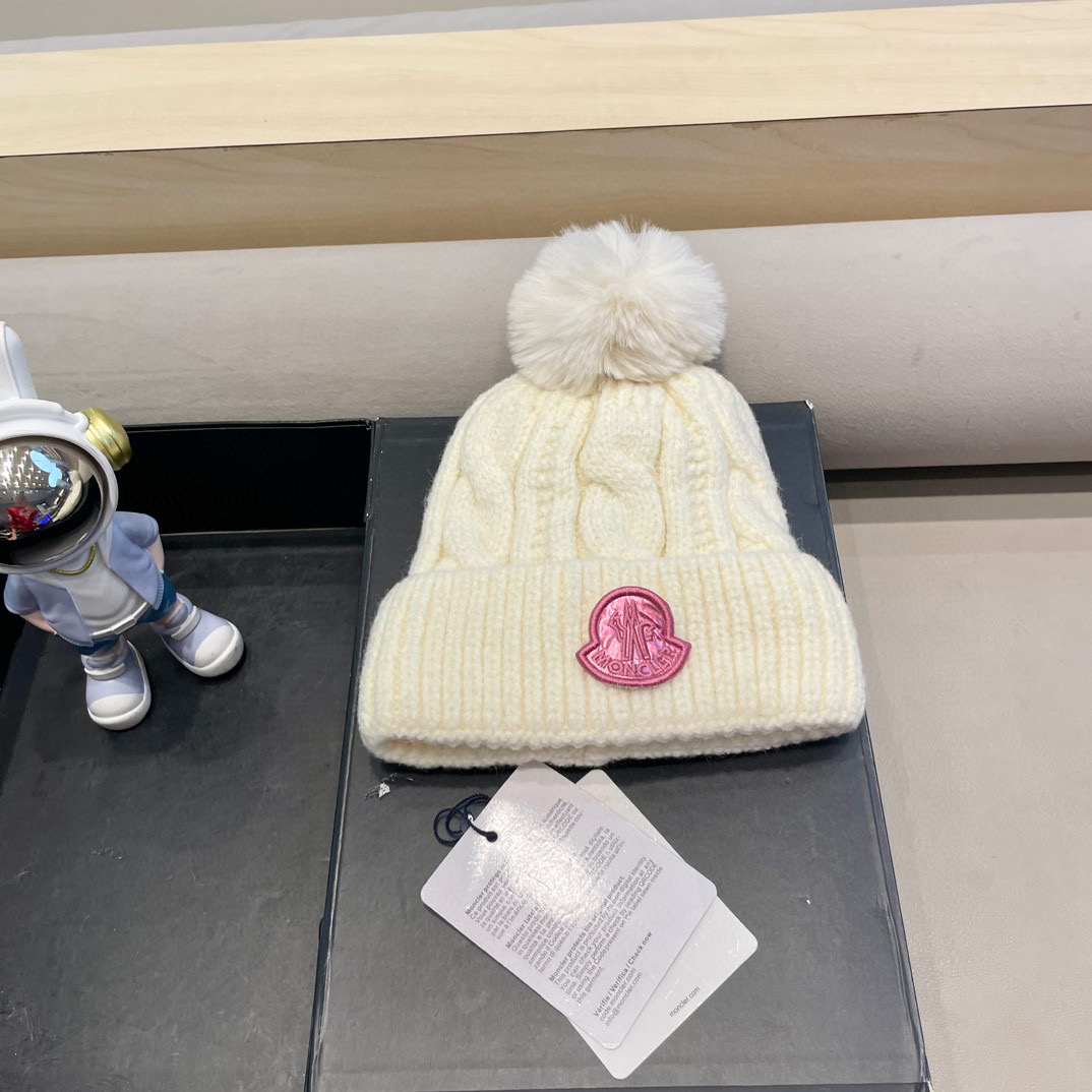 moncler毛线帽子女冬款加厚加绒护耳帽双层毛球针织帽新款