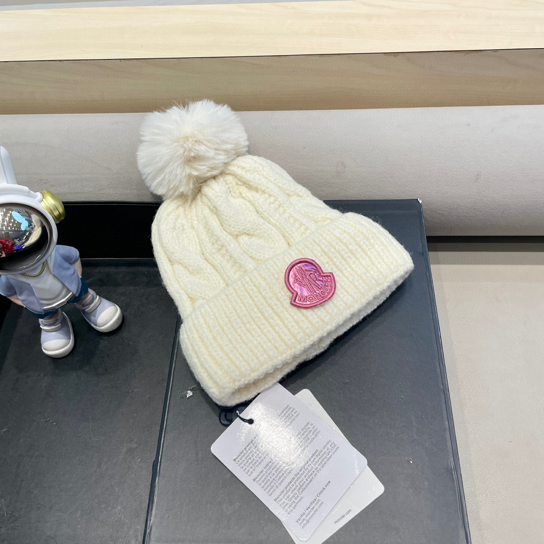 moncler毛线帽子女冬款加厚加绒护耳帽双层毛球针织帽新款