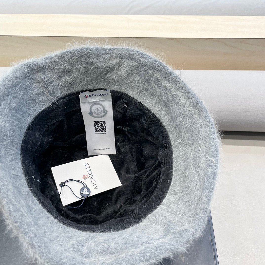 moncler毛绒兔毛渔夫帽女2024新款秋冬大头围帽子显脸小针织户外水桶盆帽