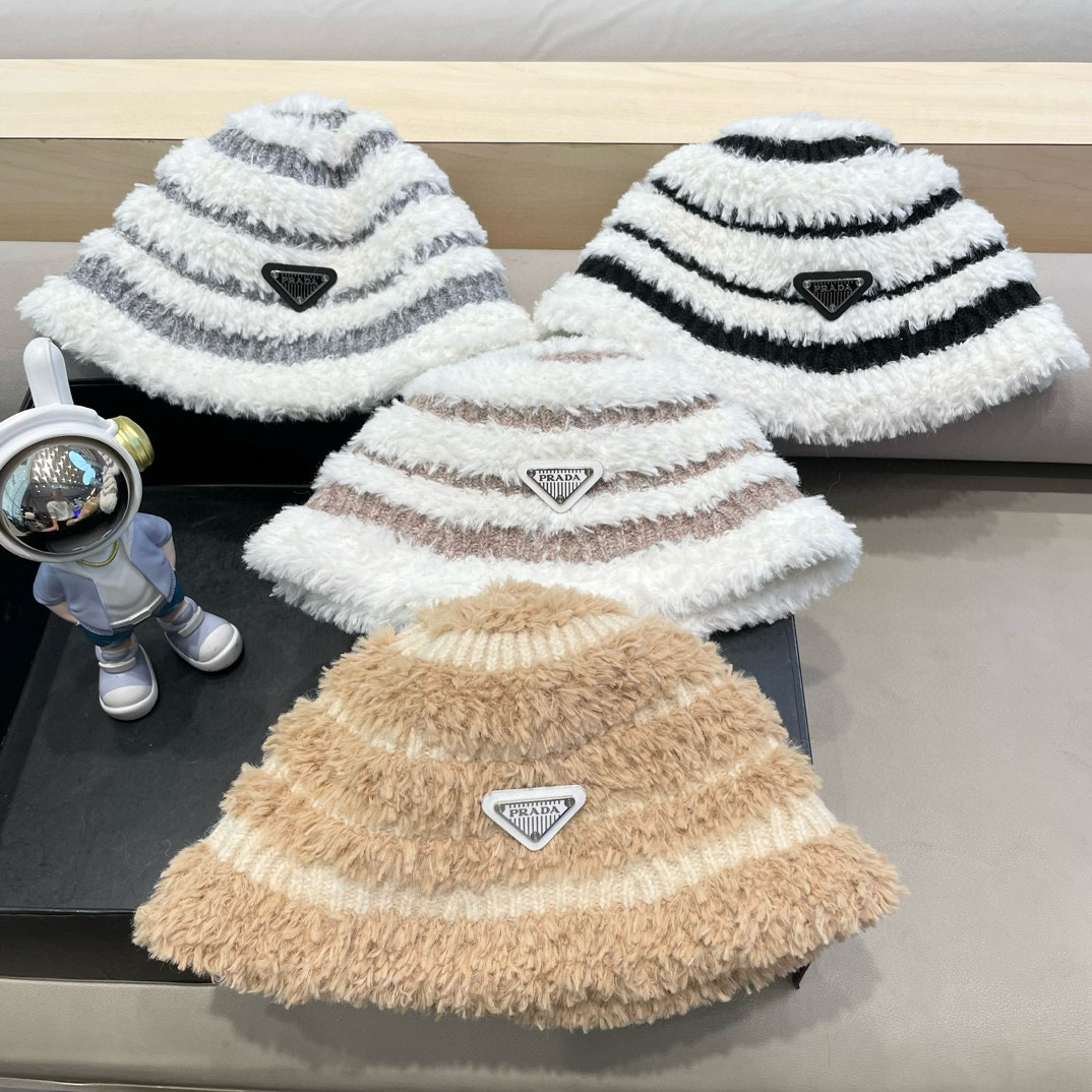 普拉达Prada新款毛绒大头围水桶帽女秋冬韩版可爱百搭显脸小保暖条纹渔夫帽子