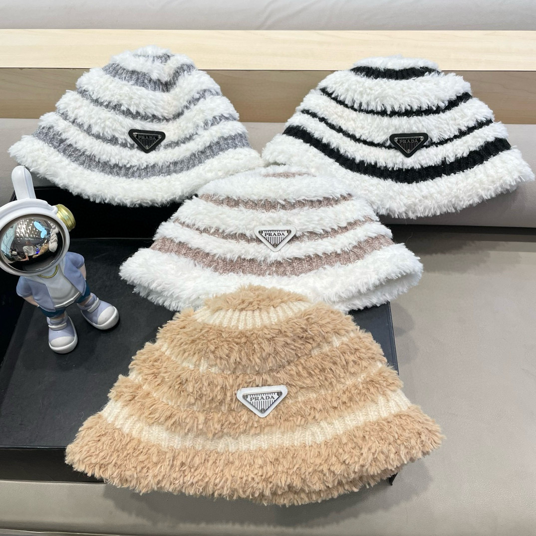 普拉达Prada新款毛绒大头围水桶帽女秋冬韩版可爱百搭显脸小保暖条纹渔夫帽子
