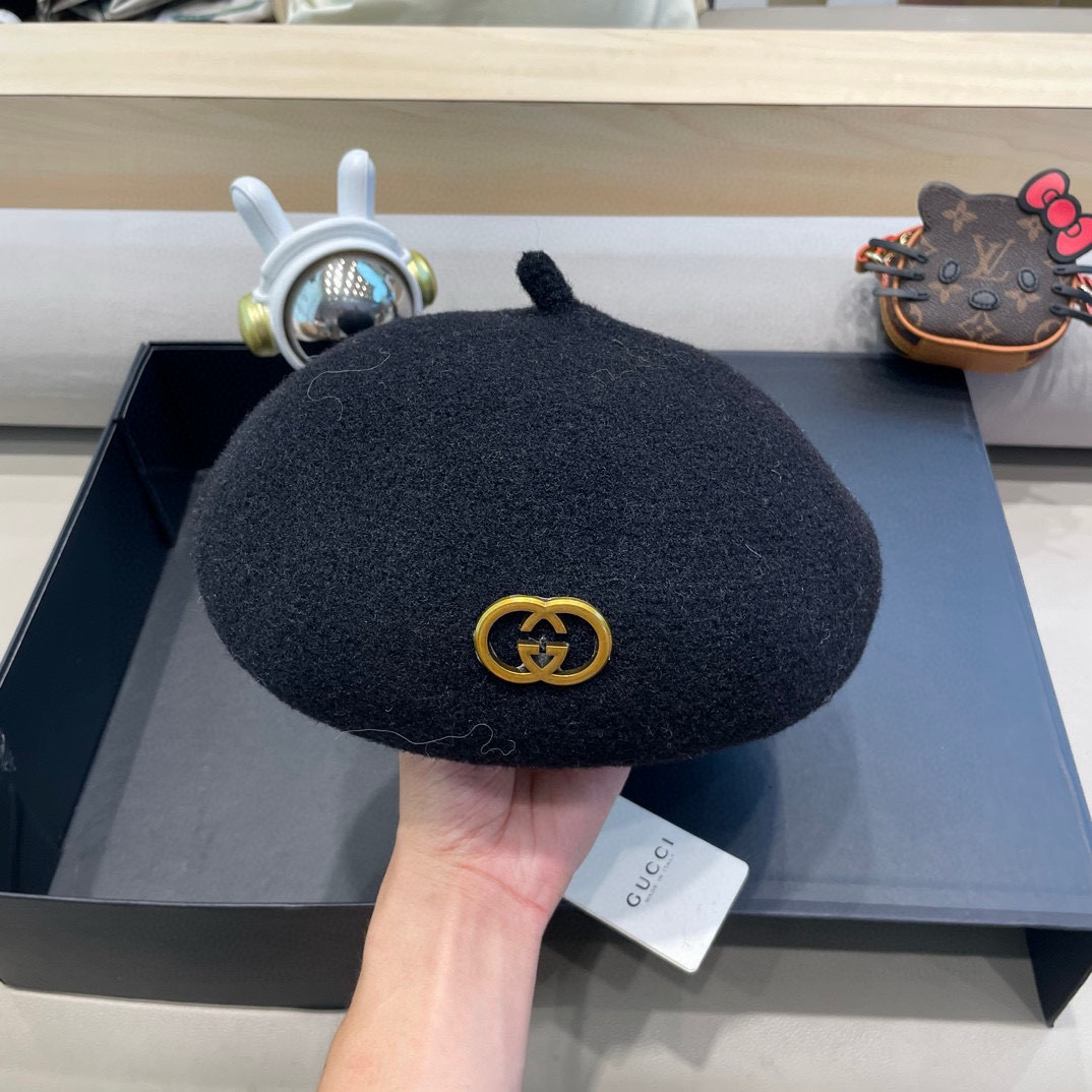 GUCCI古奇贝雷帽女秋冬韩版日系百搭纯色针织文艺画家帽南瓜帽蓓蕾帽子