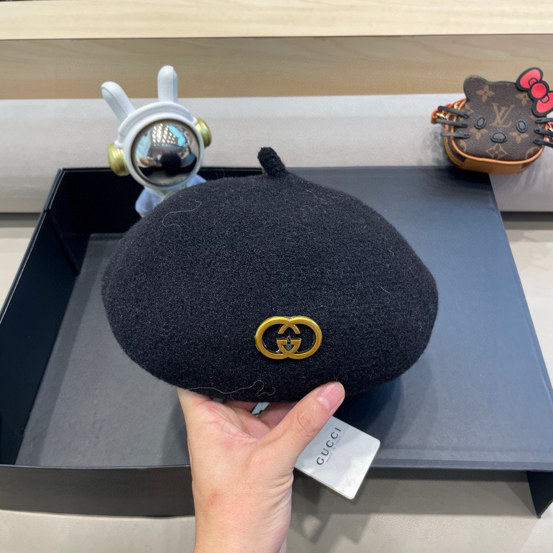 GUCCI古奇贝雷帽女秋冬韩版日系百搭纯色针织文艺画家帽南瓜帽蓓蕾帽子