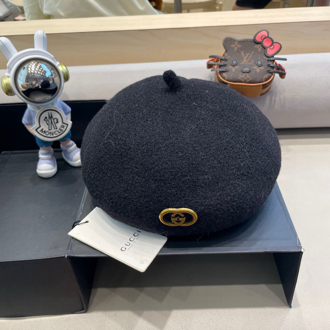 GUCCI古奇贝雷帽女秋冬韩版日系百搭纯色针织文艺画家帽南瓜帽蓓蕾帽子