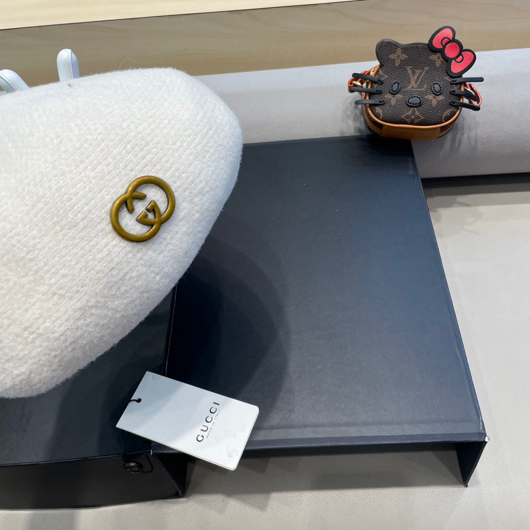 GUCCI古奇贝雷帽女秋冬韩版日系百搭纯色针织文艺画家帽南瓜帽蓓蕾帽子