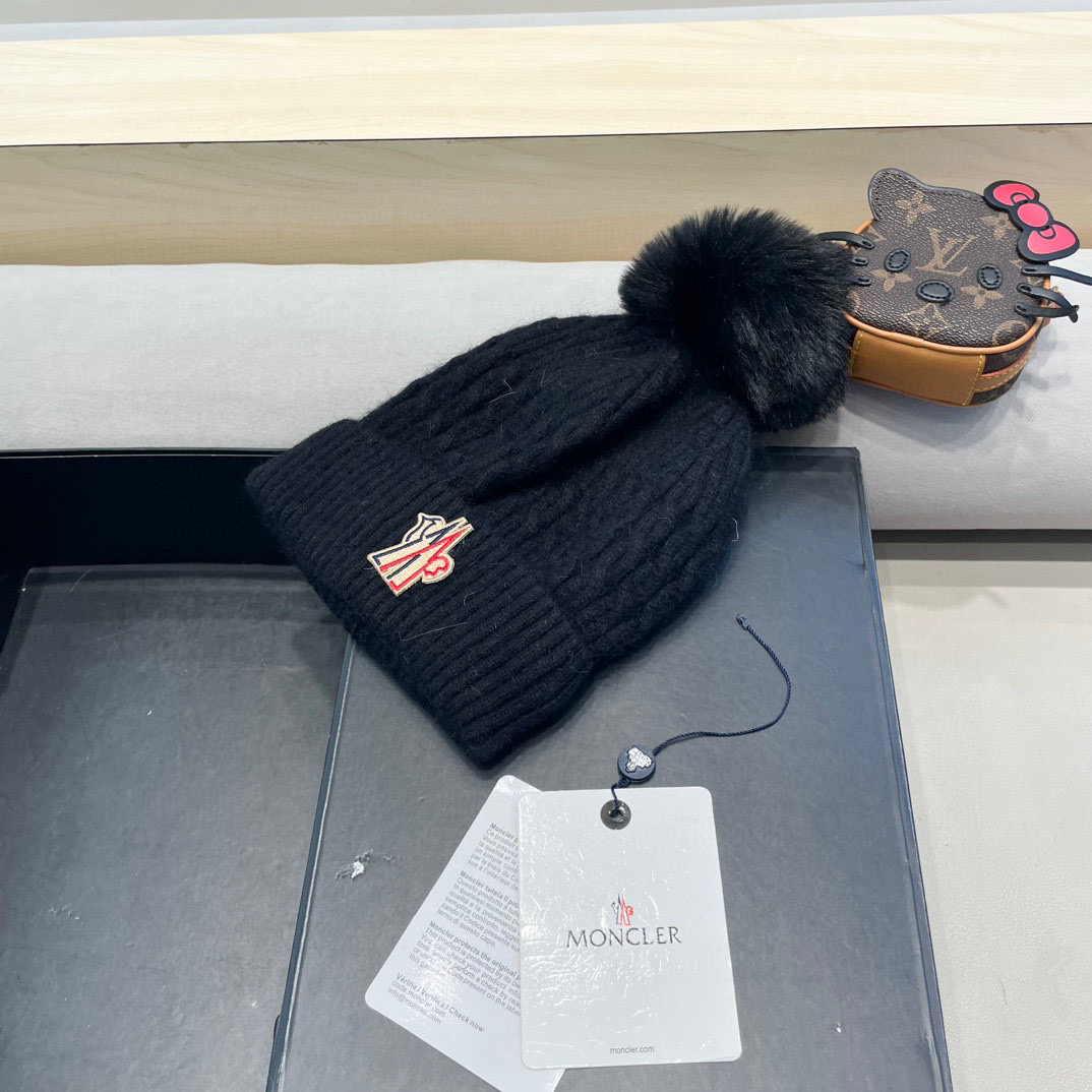 moncler加绒毛线帽女款冬季保暖加厚百搭冷帽防风麻花针织帽护耳