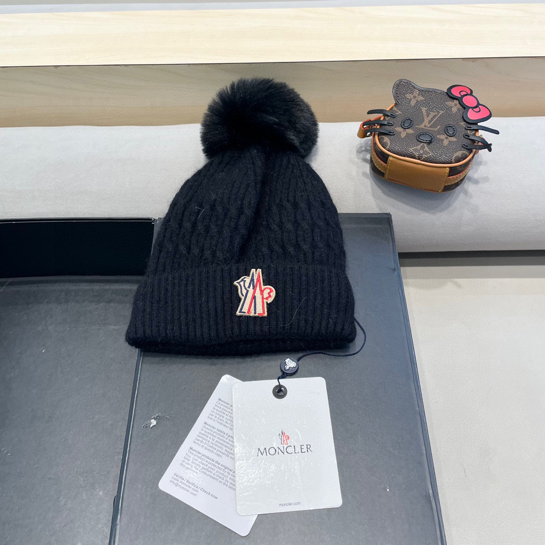 moncler加绒毛线帽女款冬季保暖加厚百搭冷帽防风麻花针织帽护耳