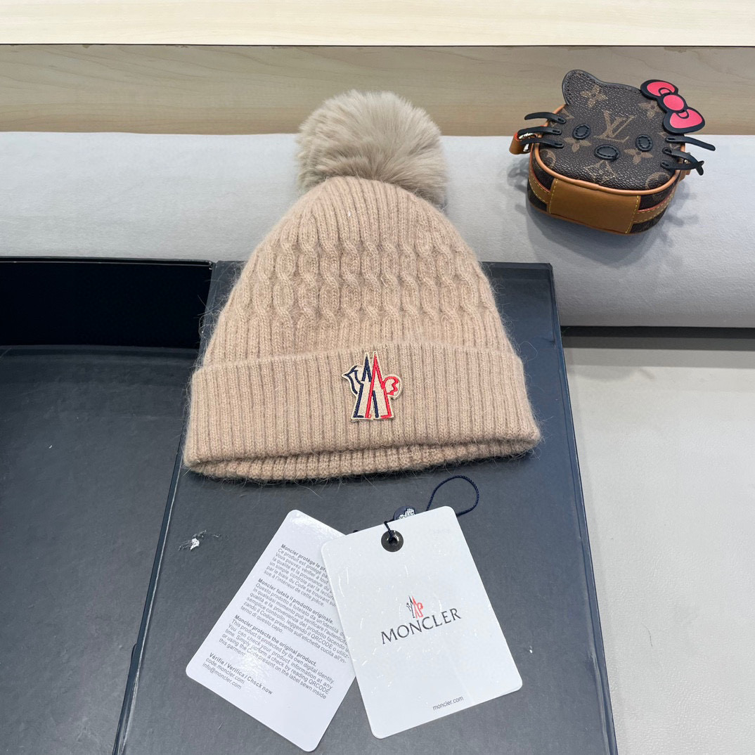 moncler加绒毛线帽女款冬季保暖加厚百搭冷帽防风麻花针织帽护耳