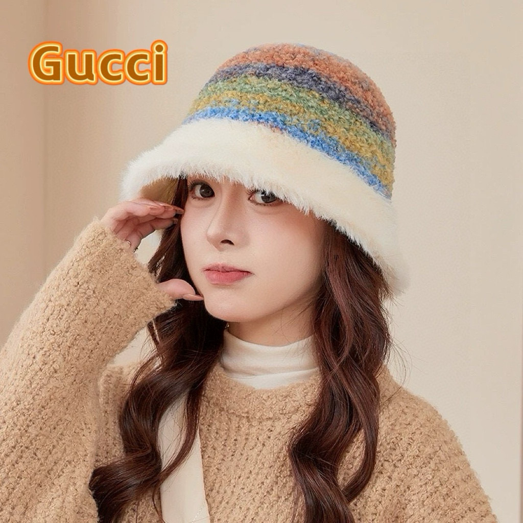 GUCCI古奇彩色渔夫帽秋冬新款女显脸小保暖针织毛线盆帽休闲毛绒水桶帽