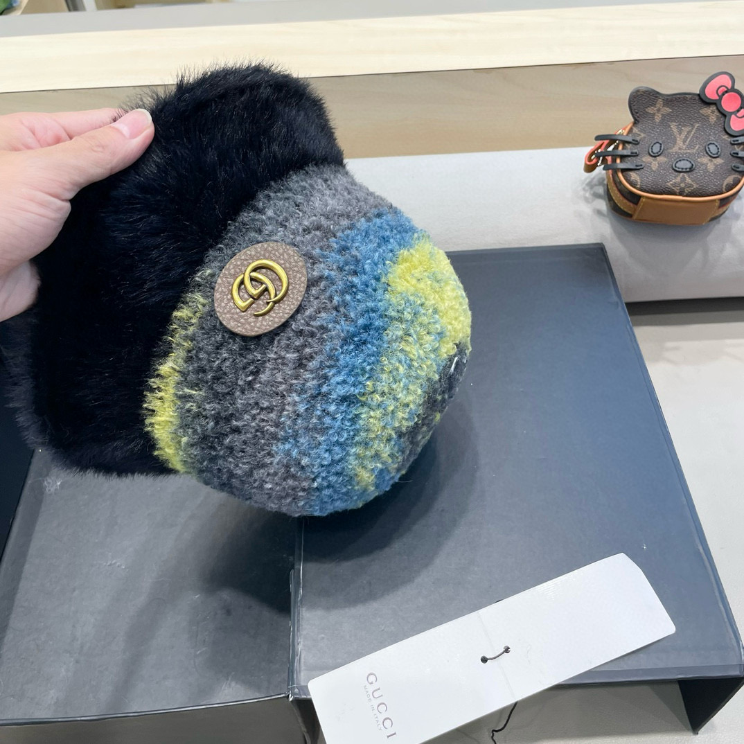 GUCCI古奇彩色渔夫帽秋冬新款女显脸小保暖针织毛线盆帽休闲毛绒水桶帽