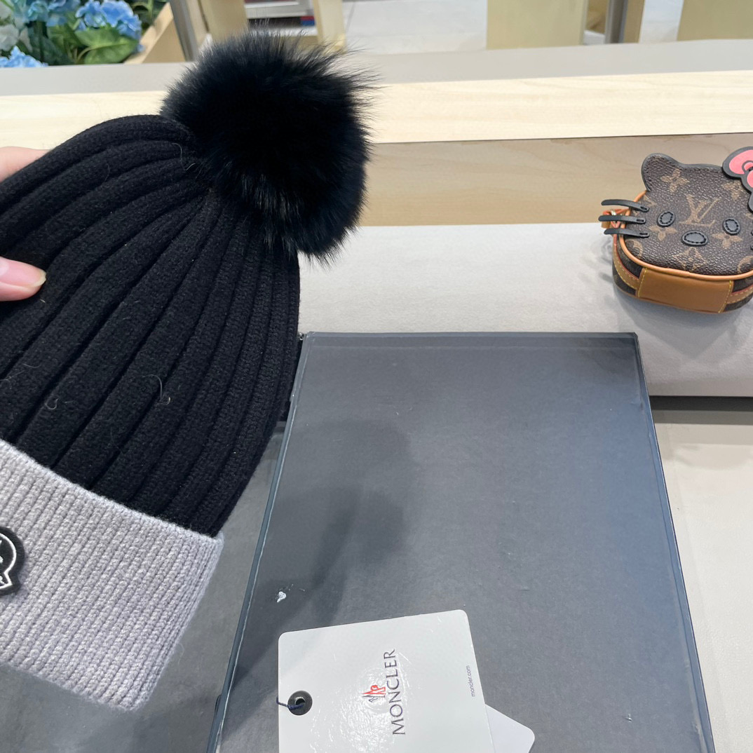 蒙口moncler针织拼色帽子女秋冬季真狐狸毛球毛线帽防寒冬天加厚保暖护耳韩版百搭