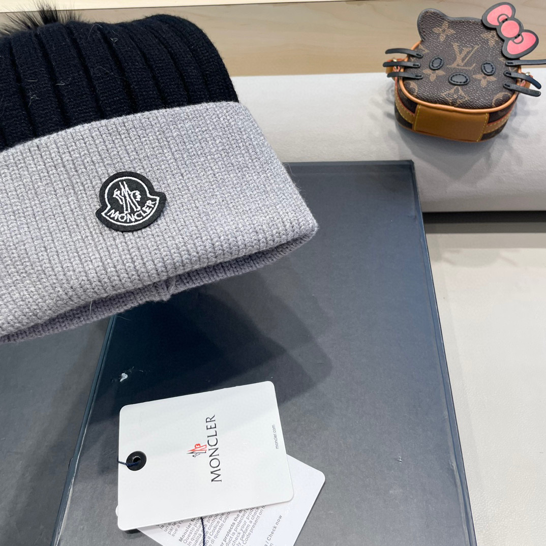 蒙口moncler针织拼色帽子女秋冬季真狐狸毛球毛线帽防寒冬天加厚保暖护耳韩版百搭