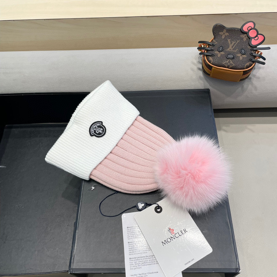 蒙口moncler针织拼色帽子女秋冬季真狐狸毛球毛线帽防寒冬天加厚保暖护耳韩版百搭