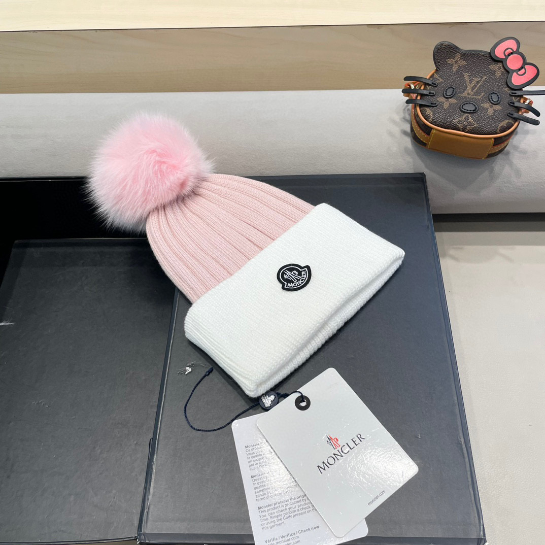 蒙口moncler针织拼色帽子女秋冬季真狐狸毛球毛线帽防寒冬天加厚保暖护耳韩版百搭