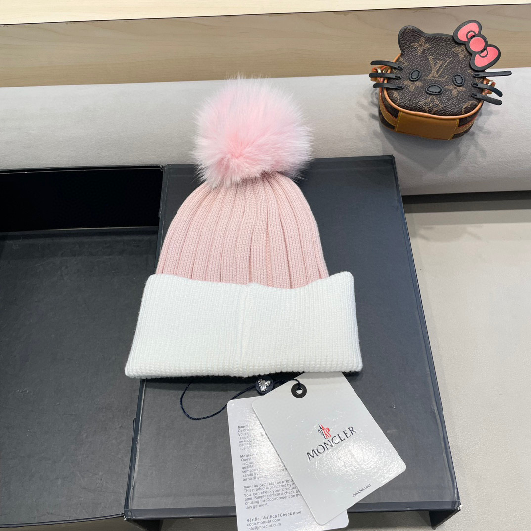 蒙口moncler针织拼色帽子女秋冬季真狐狸毛球毛线帽防寒冬天加厚保暖护耳韩版百搭