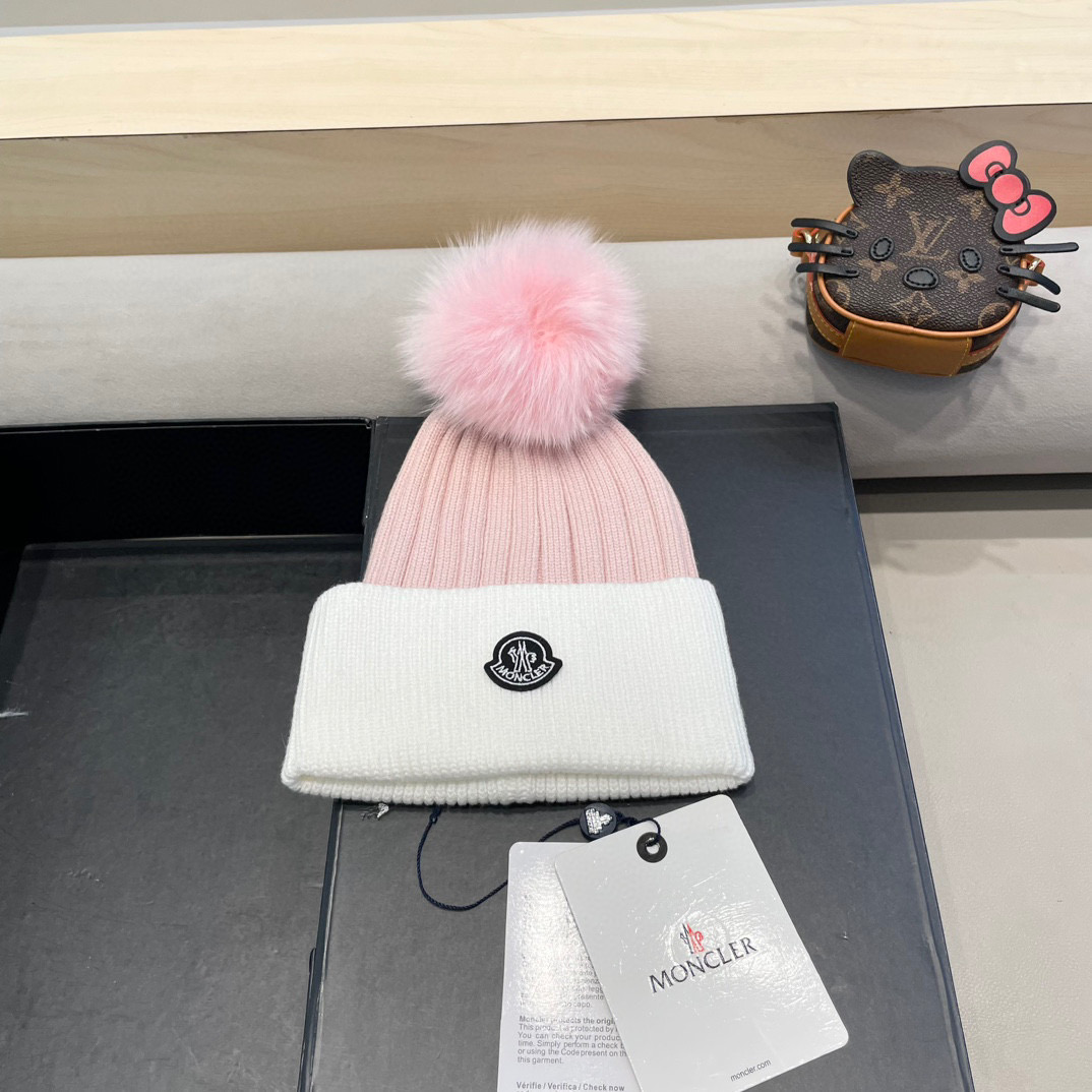蒙口moncler针织拼色帽子女秋冬季真狐狸毛球毛线帽防寒冬天加厚保暖护耳韩版百搭