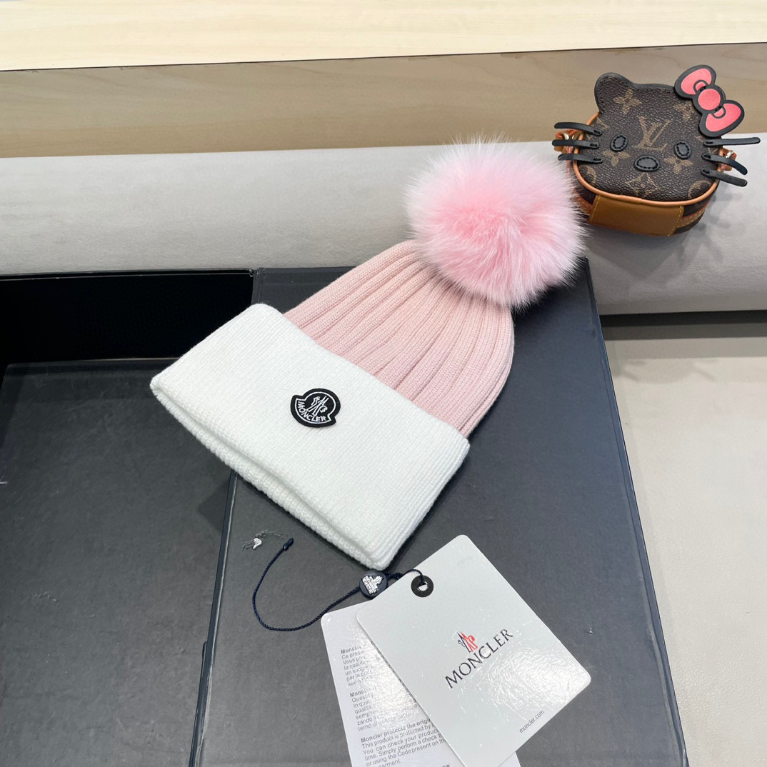 蒙口moncler针织拼色帽子女秋冬季真狐狸毛球毛线帽防寒冬天加厚保暖护耳韩版百搭