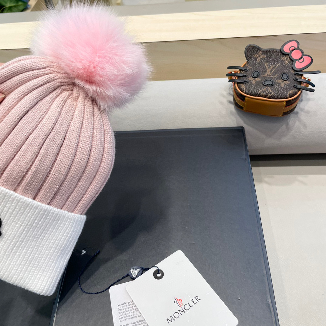 蒙口moncler针织拼色帽子女秋冬季真狐狸毛球毛线帽防寒冬天加厚保暖护耳韩版百搭