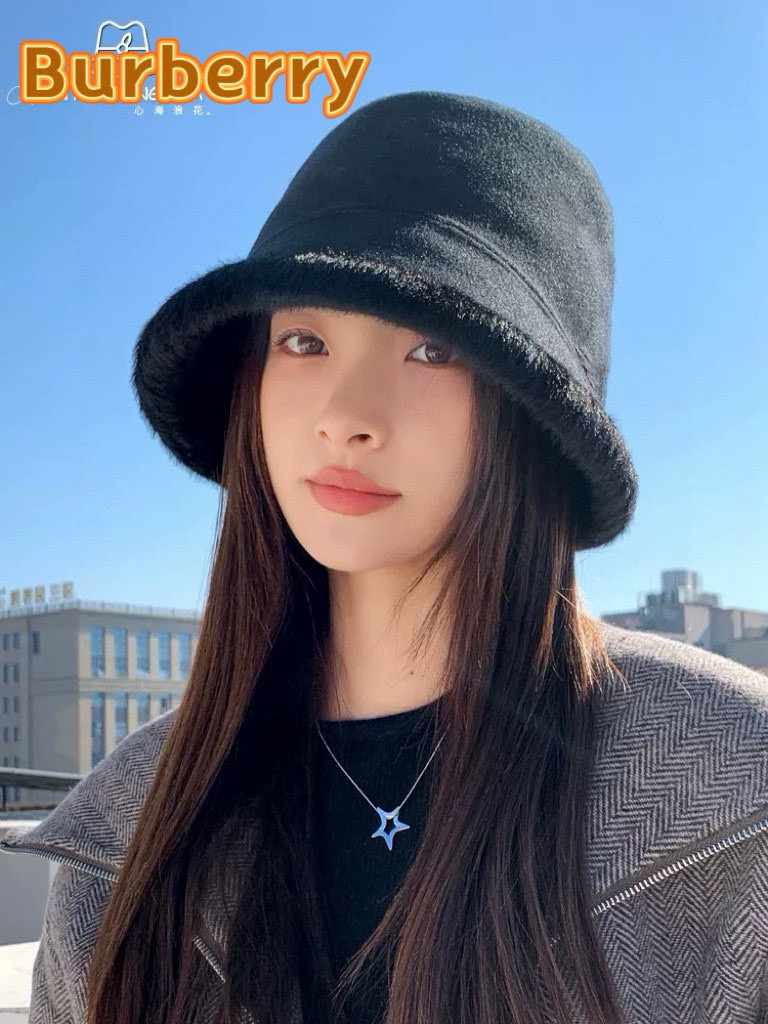 巴宝莉Burberry英伦渔夫帽子女新款冬季毛呢保暖盆帽时尚百搭显脸小毛绒边水桶帽